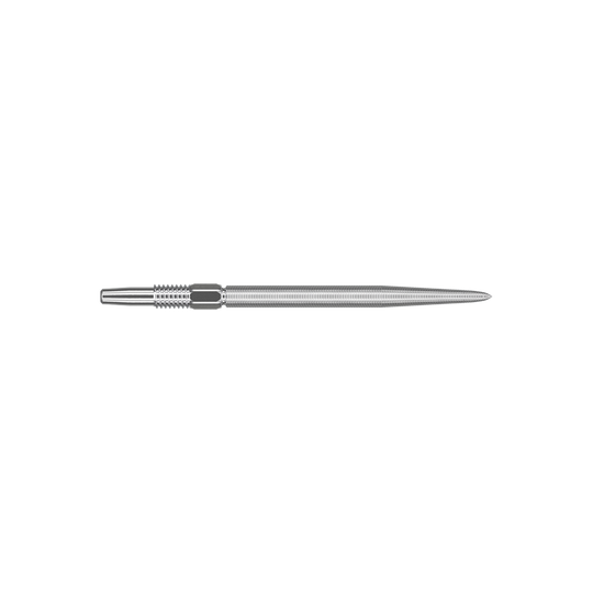 Target Swiss Point Nano Dart Tips - Silver Das Bild zeigt eine silberne Dartspitze in schlanker, länglicher Form. Die Oberfläche ist fein geriffelt und sieht präzise verarbeitet aus.