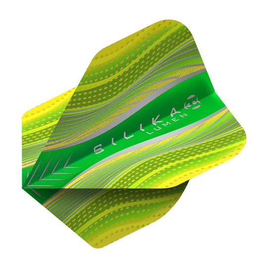 HR79_Harrows_Silika_Lumen_Yellow_No2_Standard_Flights_2 Auf dem Bild ist ein Harrows Silika Lumen Yellow No2 Standard Flight zu sehen. Das Flight ist überwiegend gelb und grün mit silbernen und grünen Details sowie der Aufschrift "Silika Lumen".