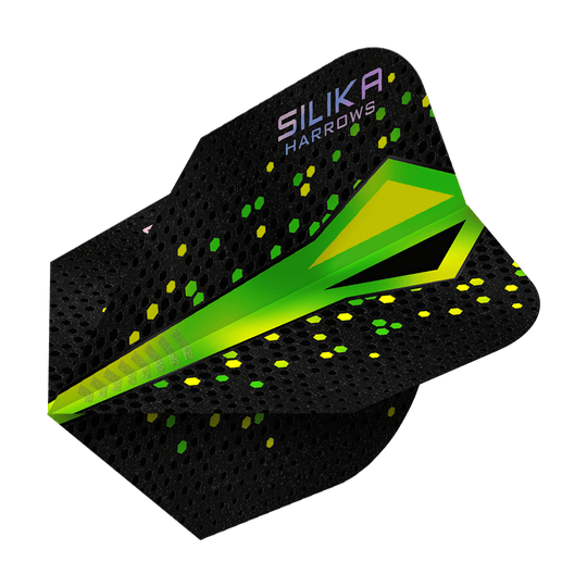Das Bild zeigt ein Dartflight der Marke Harrows mit dem Namen „Silika Colourshift Tough Crystalline Coating Green No6“. Das Flight ist überwiegend schwarz mit grünen und gelben Akzenten sowie hexagonalen Mustern.