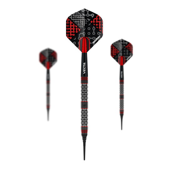 Winmau Cypher Softdarts - 20g Das Bild zeigt drei Winmau Cypher Softdarts mit einem Gewicht von 20 Gramm. Die Darts haben ein auffälliges Design in Schwarz und Rot mit strukturiertem Griff.