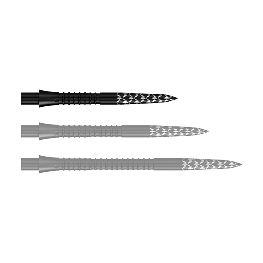 Abgebildet sind Schwarze Steeldartspitzen mit GV-Logo, 26 mm lang. Es handelt sich um Zubehör für Dartpfeile aus der Mission Caliburn EVO Serie.