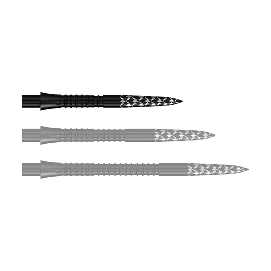 Mission Caliburn EVO dart tips GV logo - Black Abgebildet sind Schwarze Steeldartspitzen mit GV-Logo, 26 mm lang. Es handelt sich um Zubehör für Dartpfeile aus der Mission Caliburn EVO Serie.