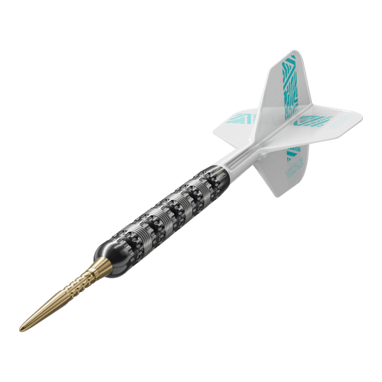 Das Bild zeigt einen Target Rob Cross 95K Swiss Point Steeldart. Der Dart hat eine schwarze Griffzone, eine goldene Spitze und weiße Flights mit türkisfarbenem Muster.