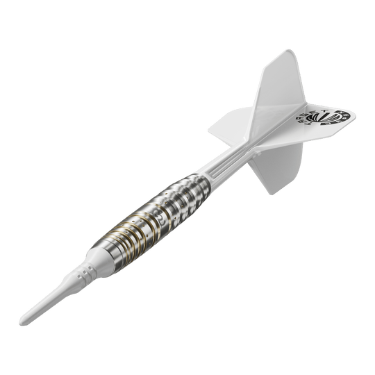 Target Japan Prime Series Mayujo Morita GEN6 Soft Darts - 18g Das Bild zeigt einen Softdartpfeil aus der Target Japan Prime Series Mayujo Morita GEN6 mit einem Gewicht von 18g. Der Pfeil hat ein weißes Flight und ein silberfarbenes Barrel mit goldenen Akzenten.