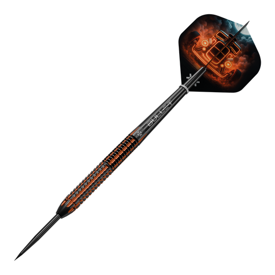 Bullet Hotrod Steel Darts Bullet Hotrod Steeldarts werden abgebildet. Der Fokus liegt auf einem Dartpfeil aus der Produktreihe.