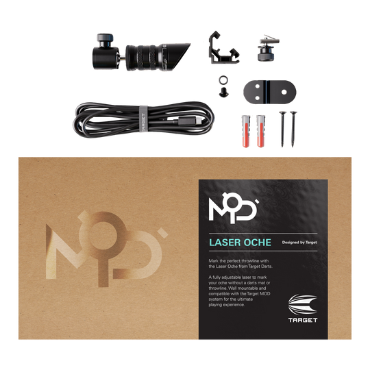 Target MOD Laser Oche Das Bild zeigt das Produkt „Target MOD Laser Oche“ mit allen enthaltenen Teilen, wie Kabel, Schrauben und Montagematerial. Die Verpackung liegt im Vordergrund und trägt die Produktbezeichnung sowie eine kurze Beschreibung.