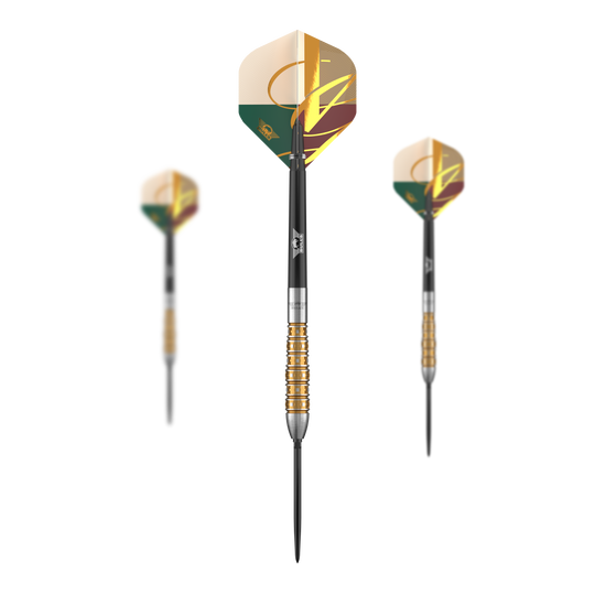 Das Foto zeigt ein Set der Bulls NL Vintago Bomb Convertible Point Steeldarts. Dieses Produkt ist für Dartspieler konzipiert.