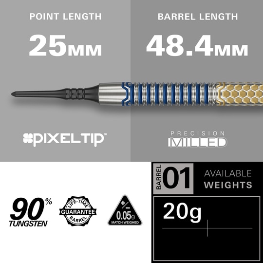 Target Josh Rock GEN1 Soft Darts - 20g Das Bild zeigt den Softdart "Target Josh Rock GEN1" mit einem Gewicht von 20g. Der Dart hat eine Spitzenlänge von 25 mm, eine Barrel-Länge von 48,4 mm und besteht zu 90% aus Tungsten.