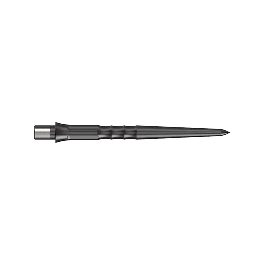 Das Bild zeigt eine schwarze Steeldartspitze mit Riffelung. Die Spitze ist 28 mm lang und hat kein Lip-Ende.