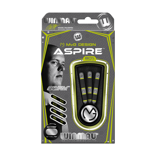 1444_Winmau_Michael_Van_Gerwen_MvG_Aspire_Steeldarts_3 Die Abbildung zeigt die Winmau Michael Van Gerwen MvG Aspire Steeldarts in ihrer Originalverpackung. Die Verpackung ist in Schwarz, Grau und Gelb gehalten und präsentiert drei Dartpfeile sowie das MvG-Logo.
