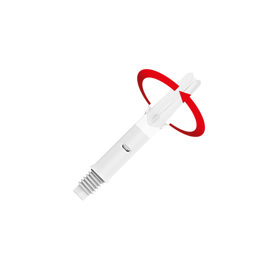 L-L-Style-Shafts Silent Straight - White Das Bild zeigt einen weißen Dartshaft ohne Kappen. Ein roter Pfeil deutet eine Drehbewegung an der Spitze des Shafts an.