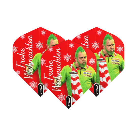 Abgebildet sind die Red Dragon Peter Wright Grinch Standard Weihnachtsflights. Die Flights sind mit einem weihnachtlichen Motiv gestaltet.