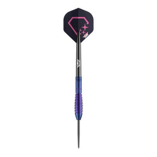 Das Foto zeigt die Bulls NL Christel Timmermans Satellite 90 Steeldarts 25g. Diese Darts sind bekannt für ihre präzise Verarbeitung.