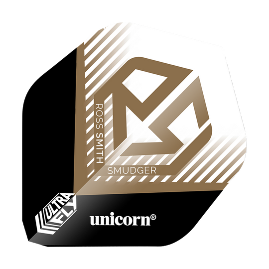 Unicorn Ultrafly 100 Ross Smith Smudger AR1 Flights Das Bild zeigt einen Dartflight mit der Aufschrift „ROSS SMITH SMUDGER“ und einem goldenen Logo auf weißem Hintergrund. Unten befinden sich die Markenbezeichnungen „ultrafly“ und „unicorn“.