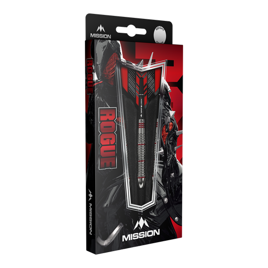 Mission Rogue Brass Steel Darts - 22g Die Abbildung zeigt die Verpackung der "Mission Rogue Brass Steeldarts - 22g". Die Verpackung ist überwiegend schwarz und rot gestaltet und zeigt den Dartpfeil sowie das Rogue-Logo deutlich.