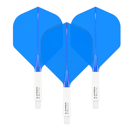 Red Dragon Nitroflite - White Shaft Blue No2 Flights Auf dem Bild sind drei blaue Dart-Flights mit weißen Schäften zu sehen. Sie stehen nebeneinander und haben die gleiche Größe und Form.