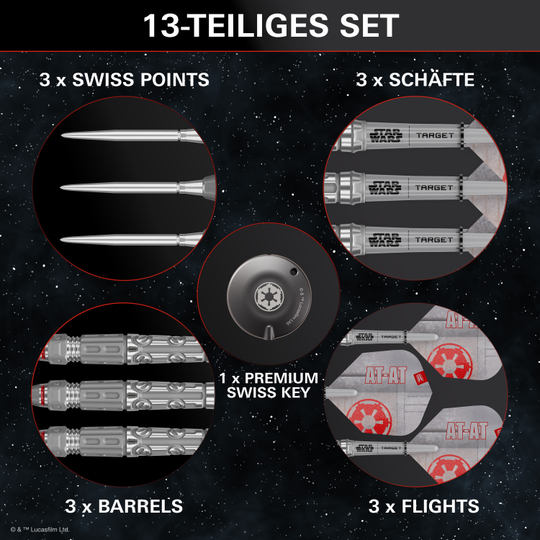Auf dem Bild sieht man die Target Star Wars AT-AT Swiss Point Steeldarts. Sie sind von den bekannten AT-AT-Maschinen aus Star Wars inspiriert.