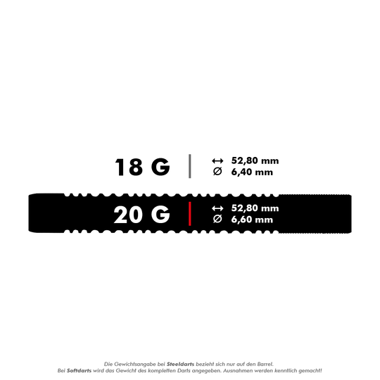 23835_Unicorn_Noir_James_Wade_2022_Softdarts_5_20g Das Bild zeigt zwei verschiedene Dartgewichte mit ihren Maßen. Die 18-Gramm-Darts haben einen Durchmesser von 6,40 mm und die 20-Gramm-Darts einen Durchmesser von 6,60 mm, jeweils bei einer Länge von 52,80 mm.