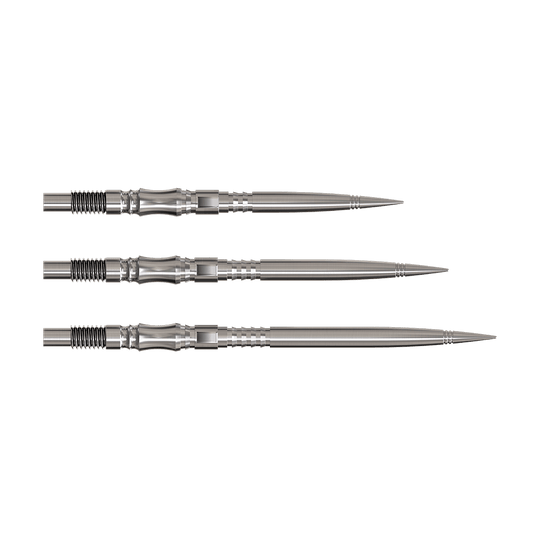 Harrows Quick Point Axis Elite Series Dartspitzen - Silber Dartspitzen der Axis Silver Elite Series werden gezeigt. Sie sind silberfarben und funktional gebaut.