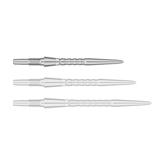 Target Swiss Point Storm Surge steel dart tips - silver Das Bild zeigt drei silberne Steeldartspitzen, die nebeneinander liegen. Sie haben eine gerillte Struktur und eine spitz zulaufende Form.