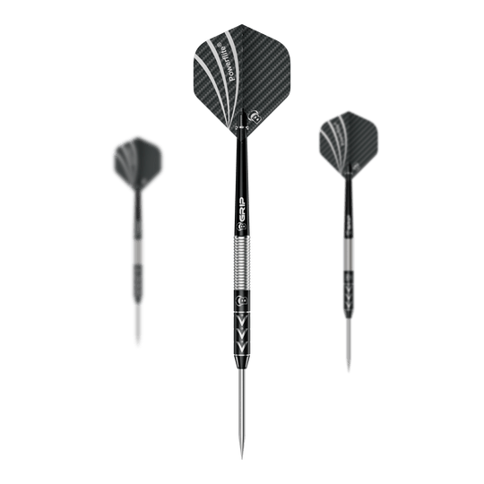 Das Bild zeigt drei Steeldarts des Modells "Bulls Challenger Arno Merk" mit einem Gewicht von 22g. Die Pfeile haben schwarze Flights mit silbernen Akzenten und einen silber-schwarzen Schaft.