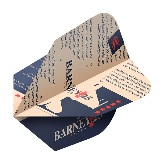 Target ProUltra Raymond Van Barneveld Barney25 Ten-X Flights Das Bild zeigt ein Target ProUltra Raymond Van Barneveld Barney25 Ten-X Flight für Darts. Das Flight ist in Beige und Dunkelblau gehalten und mit Text sowie Sternen dekoriert.