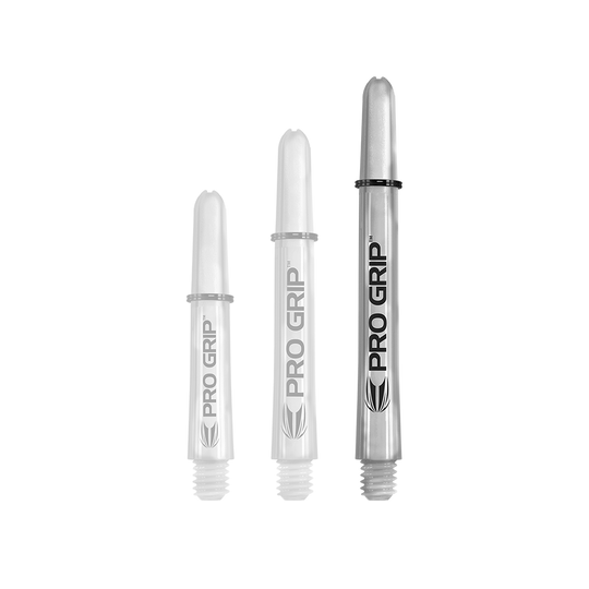 Das Bild zeigt drei transparente Pro Grip Shafts in unterschiedlichen Längen. Sie sind mit der Aufschrift "PRO GRIP" und einem schwarzen Logo versehen.