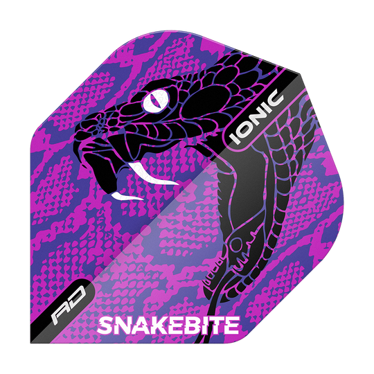 Das Bild zeigt einen Dart-Flügel mit einem lila Schlangenmotiv und auffälligem Design. Auf dem Flügel stehen die Wörter "IONIC", "RD" und "SNAKEBITE".