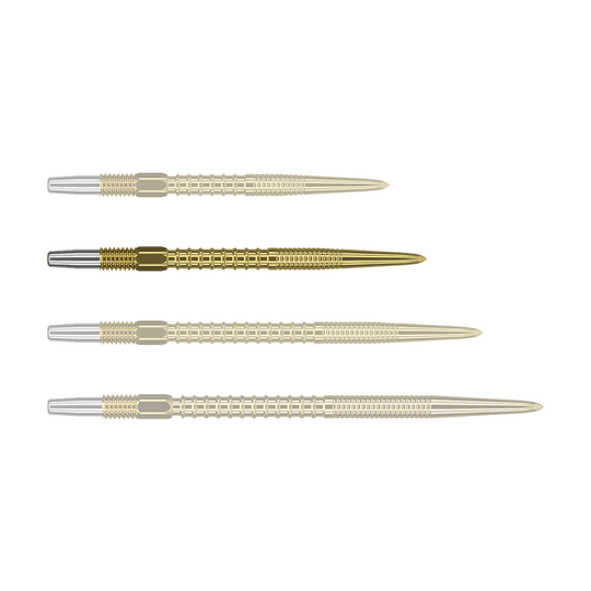 Target Swiss Firepoint Gold dart tips Das Bild zeigt vier goldfarbene Dartspitzen, die nebeneinander liegen. Die Spitzen haben einen silbernen Ansatz und eine gerillte Struktur.