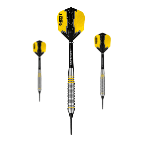 Harrow's Dave Chisnall Chizzy Brass Soft Darts Das Bild zeigt drei Harrows Dave Chisnall Chizzy Brass Softdarts. Die Pfeile haben gelb-schwarze Flights und einen geriffelten silbernen Barrel.
