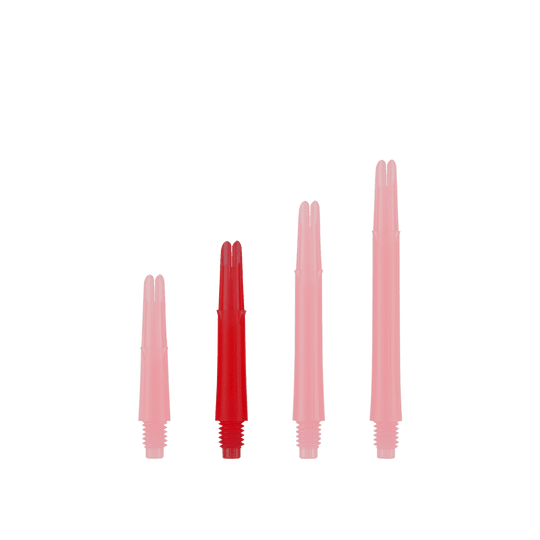 L-L-Style-Shafts Locked Straight - Red Auf dem Bild sind vier rote, gerade Dartschäfte in unterschiedlichen Längen zu sehen. Sie stehen nebeneinander aufrecht vor einem weißen Hintergrund.