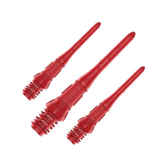 Premium Lippoints (30er Pack) - Spitzen Auf dem Bild sind drei rote Dartspitzen zu sehen. Sie sind schmal und haben ein Schraubgewinde am unteren Ende.