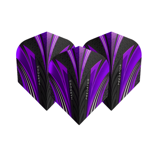 Das Bild zeigt drei Dart-Flights mit dem Namen "Harrows Prime Predator Purple No2 Standard Flights". Sie sind in den Farben Lila, Schwarz und Silber mit einem modernen Design gestaltet.