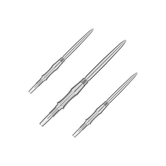Target Swiss Point Dart Tips Signature RST - Silver Abgebildet sind Dartspitzen mit der Bezeichnung '340301_Target_Swiss_Point_Dartspitzen_Signature_RST_Silber_35mm_1Set'. Das Bild zeigt silberne Dartspitzen in einem Set.