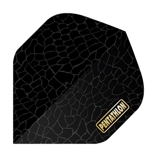 Pentathlon Flights RT Scales Das Bild zeigt ein schwarzes Dartflight mit einem schuppigen Muster. In der unteren Ecke steht das goldene Logo "PENTATHLON".