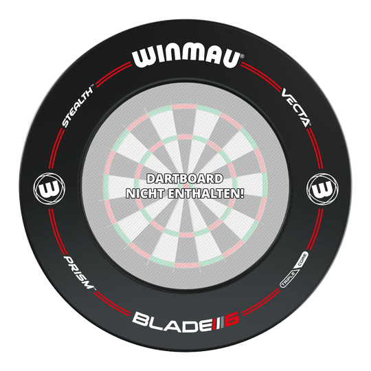 Das Bild zeigt den Winmau Pro-Line Blade 6 Dartboard Surround in Schwarz mit roten und weißen Akzenten. In der Mitte steht der Hinweis: "Dartboard nicht enthalten!"