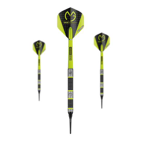 Winmau Michael Van Gerwen MvG Aspire Soft Darts - 20 g Das Bild zeigt drei gelb-schwarze Softdarts der Marke Winmau Michael Van Gerwen MvG Aspire mit einem Gewicht von 20 Gramm. Auf den Flights ist das MvG-Logo gut sichtbar.