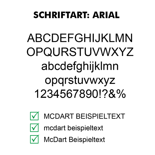 Flightdruck-Schriftart-ArialpJdFk5fkRASvH Das Bild zeigt das Produkt "10 Satz Bedruckte Flights 2-Seitig - Wunschtext - MDX Standard". Unten werden drei Vorteile mit grünen Häkchen aufgelistet: beidseitig bedruckt, persönlicher Wunschtext und schnelle Lieferung.