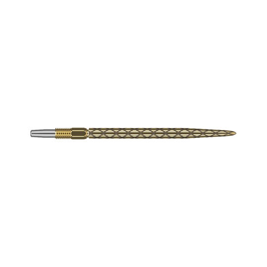 Target Swiss Diamond Pro Gold dart tips Dies ist eine goldfarbene Dartspitze mit einem rautenförmigen Muster. Die Spitze ist schlank und hat am hinteren Ende einen silbernen Anschluss.