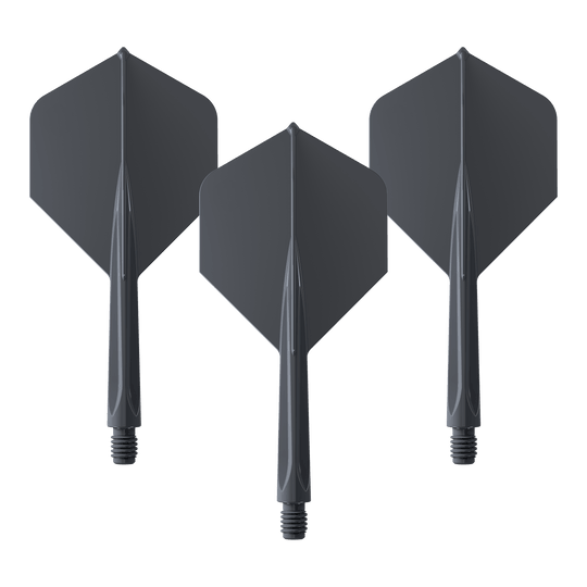 Unicorn Forge All In One Plus No2 Standard Flights Black - Medium Das Bild zeigt drei schwarze Dartflights mit integriertem Schaft in mittlerer Größe. Es handelt sich um das Produkt "Unicorn Forge All In One Plus No2 Standard Flights Schwarz - Medium".
