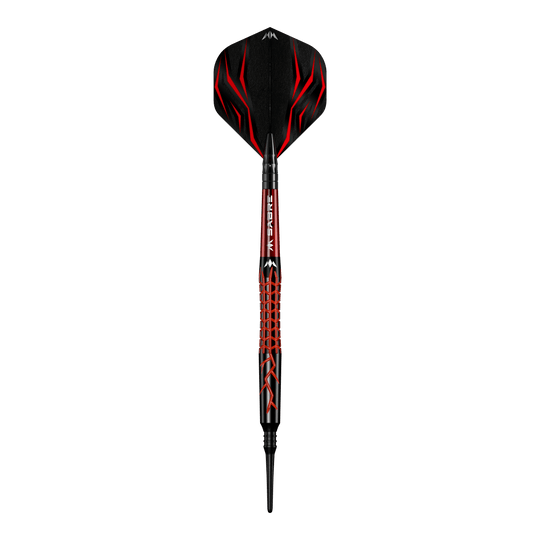 Mission Lava Softdarts - 20g Dies ist der Mission Lava Softdart mit einem Gewicht von 20 Gramm. Er hat ein auffälliges Design in Schwarz und Rot mit roten Flammenmustern.