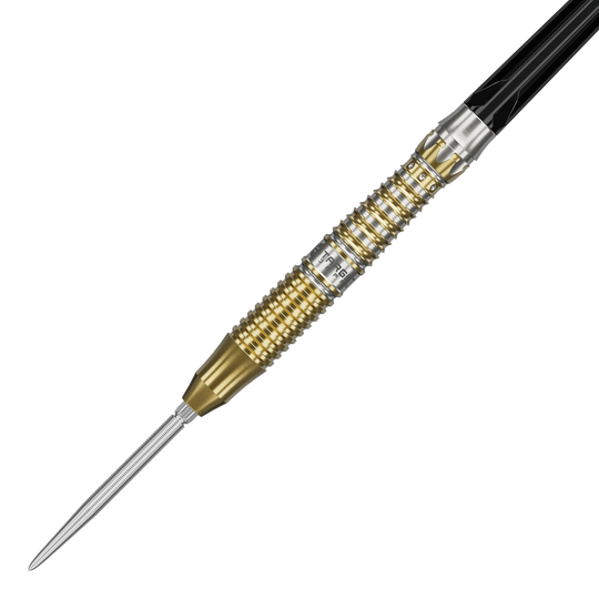 Hier sieht man die Target Japan Black Marque Enzo Swiss Point Steeldarts. Diese Darts kombinieren hochwertige Verarbeitung mit japanischem Design.