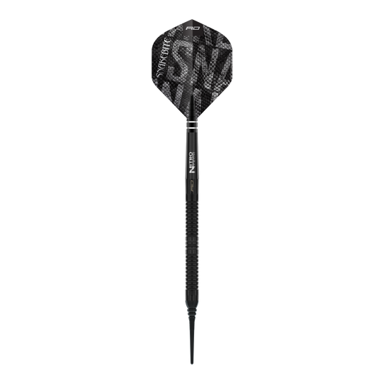 Red Dragon Peter Wright Snakebite Black Mamba Softdarts - 20g. Abgebildet ist ein Detail des Softdarts-Designs in Schwarz.