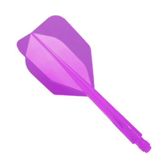 Condor Ax Purple Flight System Small - XL - 37.5 mm Das Bild zeigt ein lilafarbenes Dart-Flightsystem mit integriertem Schaft. Es handelt sich um das Modell "Condor Axe Purple Flight-System Small - XL - 37,5 mm".