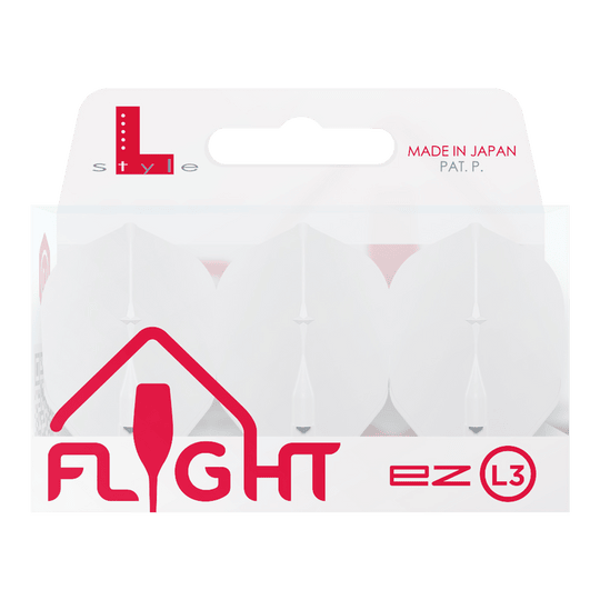 L-L-Style3EZ Flights Auf dem Bild ist eine Verpackung von L-Style Flights für Darts zu sehen. Die Verpackung ist weiß und enthält drei Flights des Typs EZ L3, hergestellt in Japan.