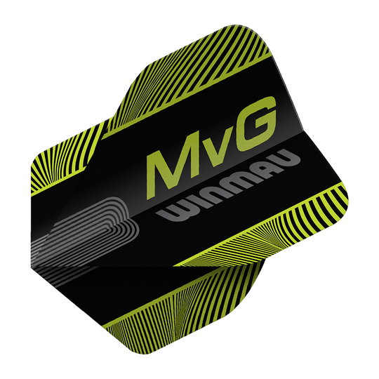 Winmau Prism Delta MvG Black Green Text No2 Standard Flights Abgebildet sind die Winmau Prism Delta MvG Black Green Text No2 Standard Flights. Diese Dart-Flights haben ein schwarzes und grünes Farbmuster mit Schriftzug.