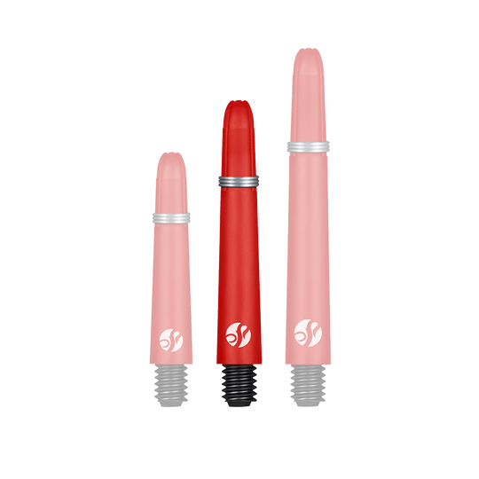 Shot Koi Carbon Shafts - Red Das Bild zeigt drei rote Dartschafts in unterschiedlichen Längen. Sie haben schwarze Gewinde und Silberringe zur Befestigung.