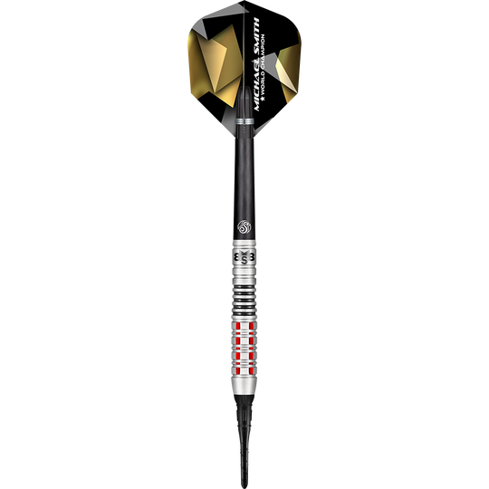 Shot Michael Smith Believe soft darts Das Bild zeigt den Softdart „Shot Michael Smith Believe“. Der Dart hat ein schwarzes Flight mit goldenen Akzenten und eine silberne Spitze mit roten Ringen.