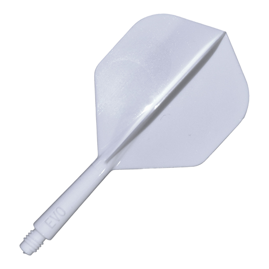 Evolution EVO1 Flight Shaft System - White Das Bild zeigt das Evolution EVO1 Flight-Shaft-System in Weiß. Es handelt sich um ein Zubehör für Darts, das aus einem weißen Schaftsystem besteht.