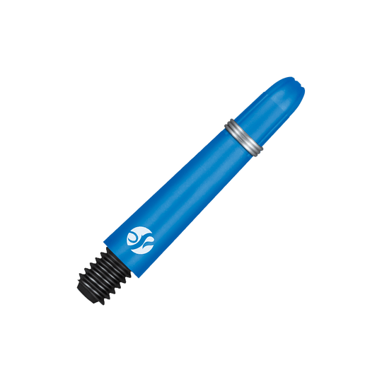 Shot Koi Carbon Shafts - Blue Das Bild zeigt einen blauen Carbon-Schaft mit einem schwarzen Gewinde und einem silbernen Ring. Es handelt sich um einen Ersatzschaft für einen Dartpfeil.